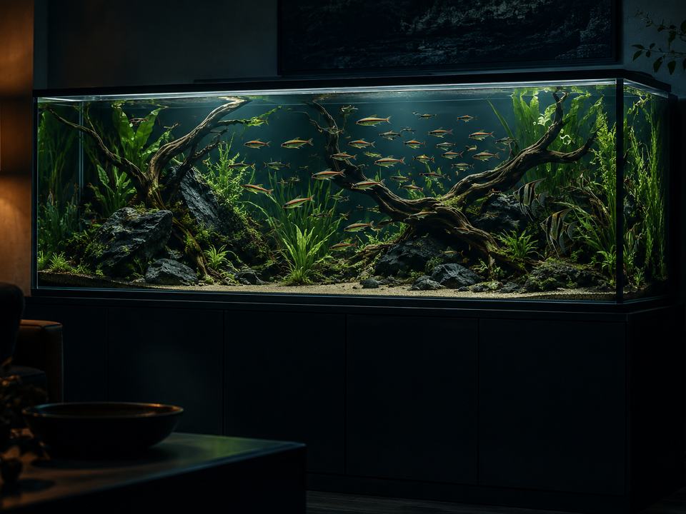 A large planted aquarium with a big school of fish