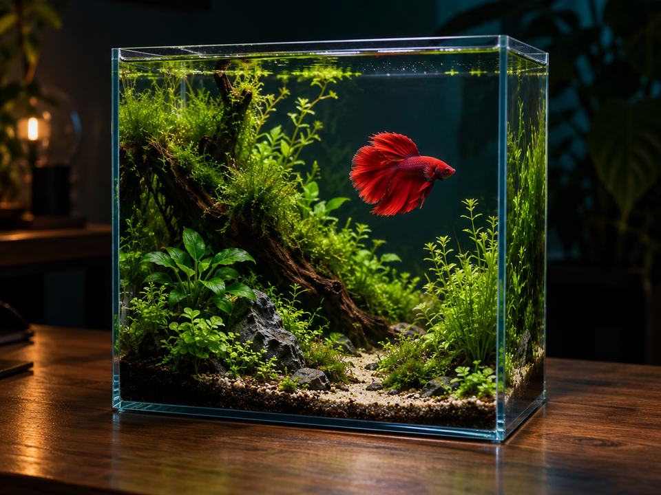 A small planted aquarium with a red betta